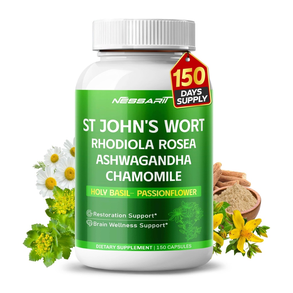 ST John's Wort 14-in-1 Natural Blend with Rhodiola Ashwagandha Chamomile Holy Basil L-Theanine Valerian Passionflower - 150 Count