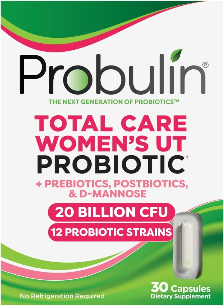 Probulin Total Care Kvinners Urin Tract = Prebiotika + Probiotika + Postbiotika for å støtte en sunn Vaginal Microbiom - 20 milliarder CFU - 12 Strains - 30 Vegan Kapsler