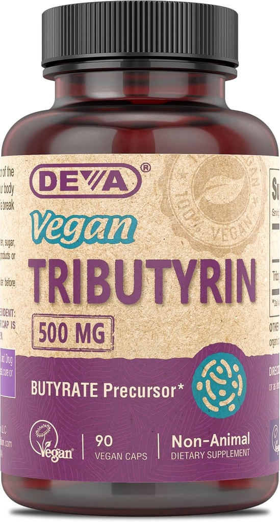 Deva Vegan Tributyrin Supplement - Butyrate Precursor, Gut Barrier Support, Butyric Acid, 500 MG Vegan Capsules, Leaky Gut Support, Digestie, 90 Tel.