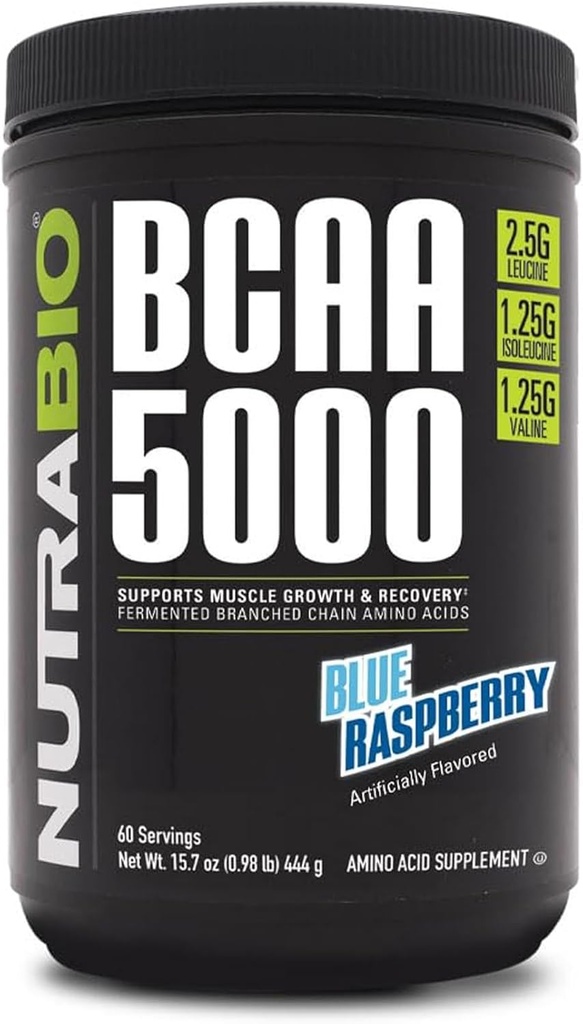 NutraBio BCAA 5000 Powder - Vegan Fermented BCAAs - Apoya Lean Muscle Growth, Recovery, Endurance - 60 Servings - Blue Raspberry