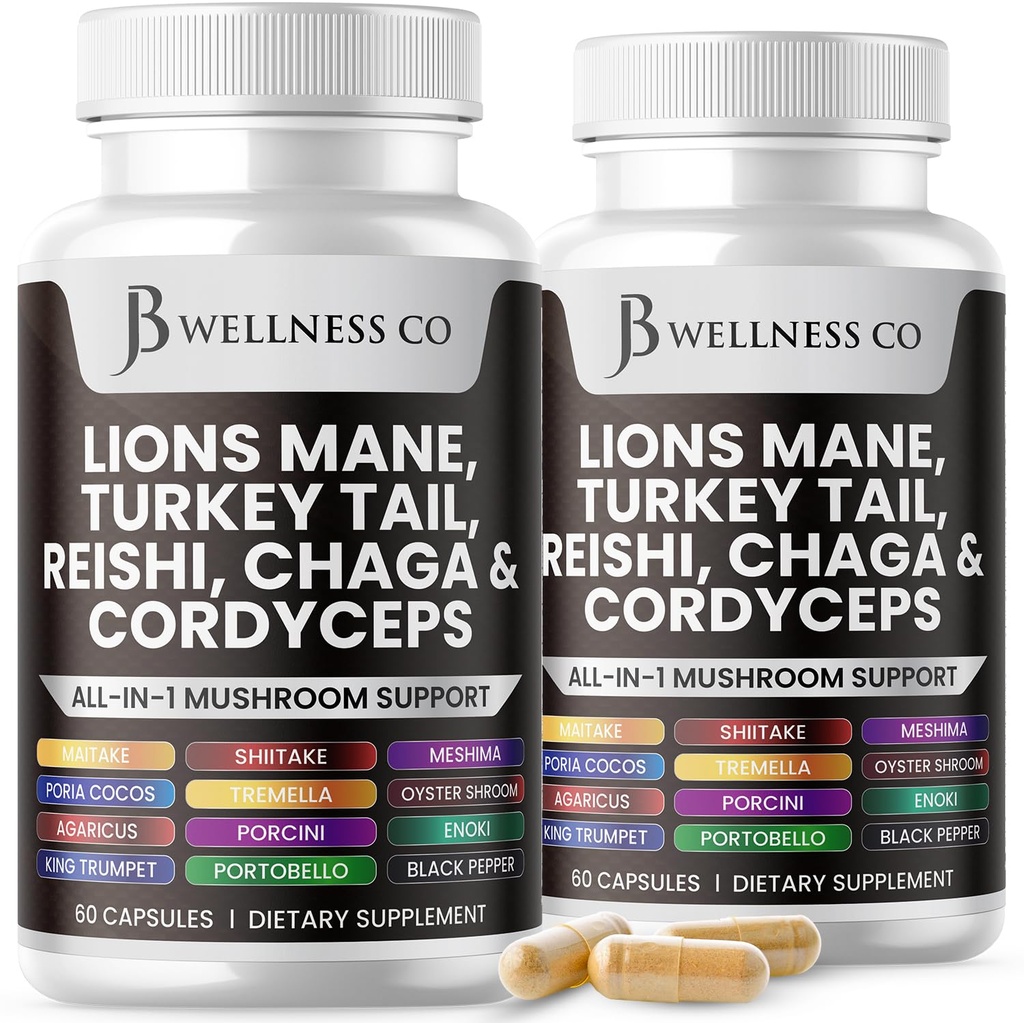 JB Wellness Co Lions Mane Supplement Cognitive Support, Immune Health with Turkey Tail 20in1 Mushroom Reishi Cordyceps Chaga with Marshmallow Root - 120 Count