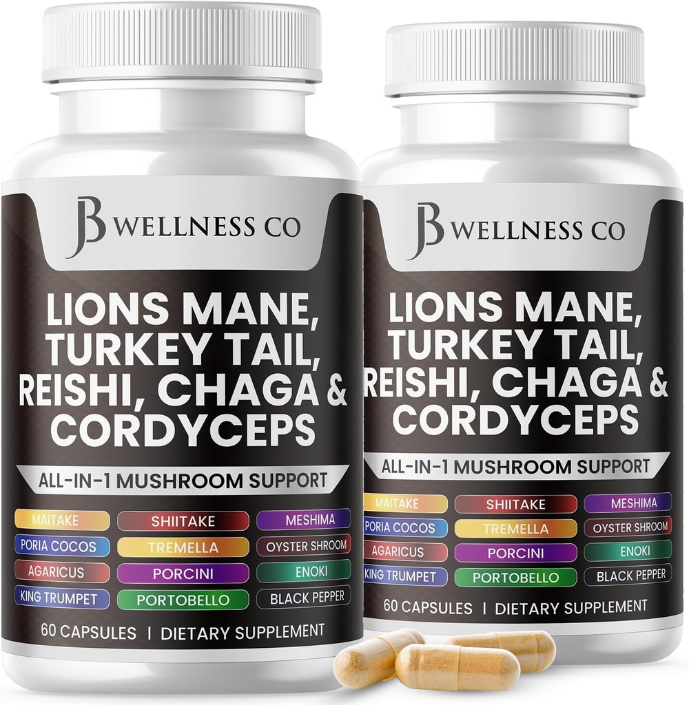 Lions Mane Supplement Kognitive Unterstützung, Immungesundheit mit der Türkei Tail 20in1 Pilz Reishi Cordyceps Chaga mit Marshmallow Root - 120 Count