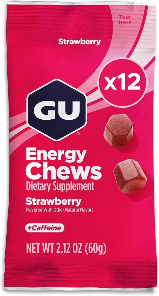 GU Energy Chews, Strawberry Energy Gummies з Electrolytes, Vegan, Gluten-Free, Kosher, 20 мг кофеїну, і Dairy-Free On-the-Go Energy для будь-якого тренування, 12 сумки (24 Servings Total)