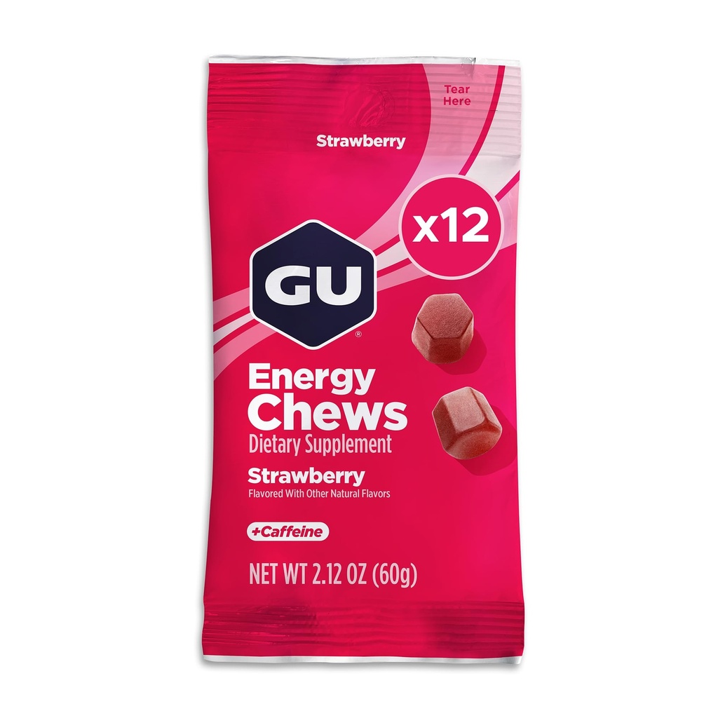 GU Energy Chews, Strawberry Energy Gummies with Electrolytes, Vegan, Gluten-Free, Kosher, 20 mg of Caffeine, and Dairy-Free On-the-Go Energy for Any Workout, 12 Bags (24 Servings Total)