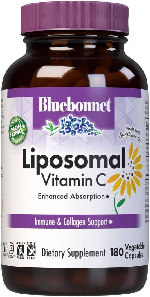 BlueBonnet Elikadura Lipomal bitamina C 1000 mg, Sunflower Oil, Immune & Joint Comfort*, Vegan, Kosher, Ez-GMO, Gluten-Free, Soy-Free Milk-Free, 180 Vegetable kapsulak, 90 zerbitzari
