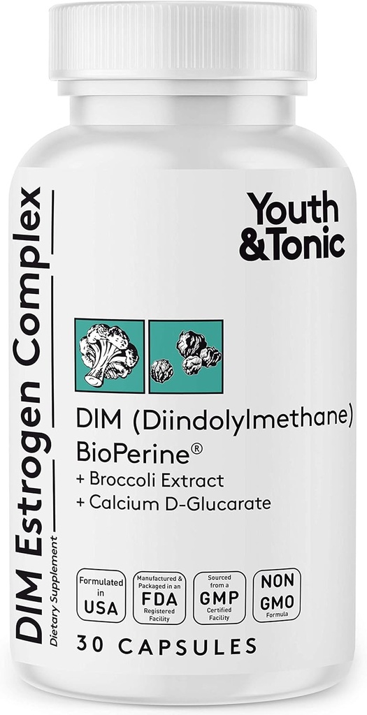 Youth & Tonic DIM BioPerine for Estrogen Metabolism Support | Women and Men Hormone Balance with Excess Estrogen Blocker | Diindolylmethane Supplement - 30 Pills