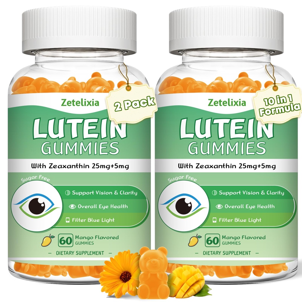 2 Pack Lutein Gummies 25mg, Sugar Free Lutein Zeaxanthin Supplements Gummies, Eye Health Supplement for Adults, Eye Vitamins Lutein for Vision and Blue Light Protection, Mango Flavor, 120 Count