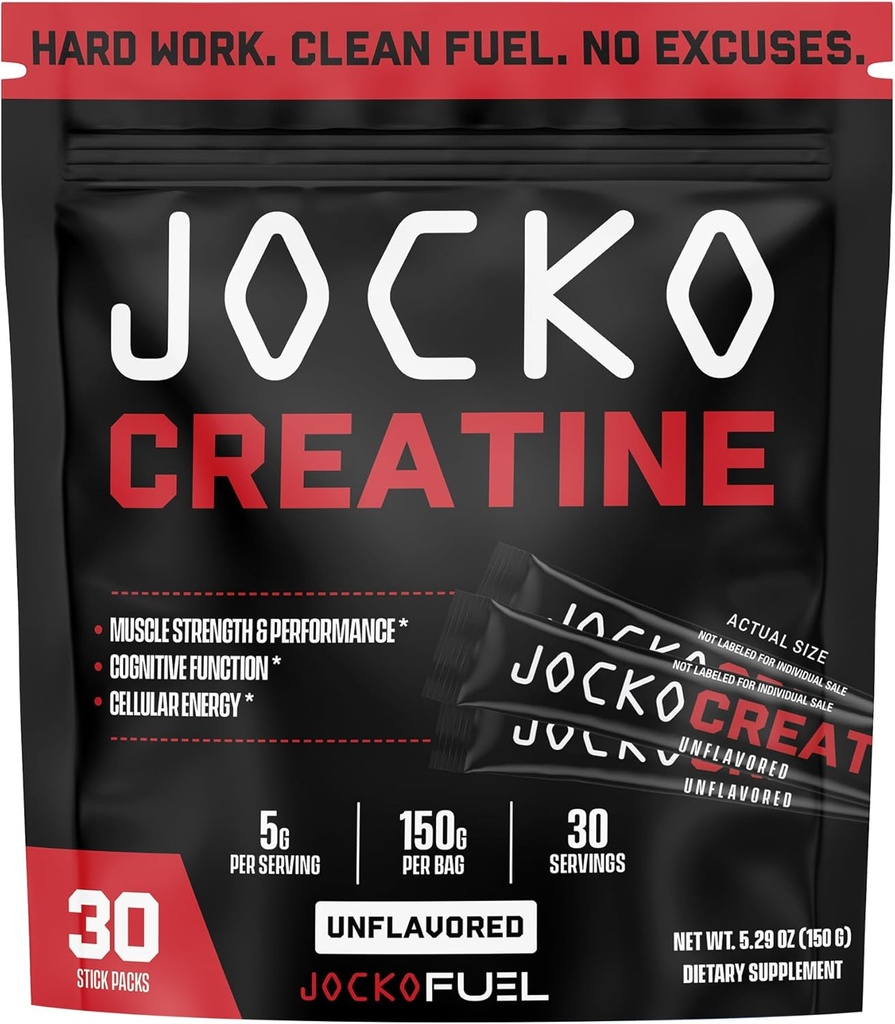 Jocko Combustível Creatine Stick Packs - Creatina Mono-hidratado Pacotes de viagem em pó para homens e mulheres, Suplemento para desempenho atlético e saúde muscular, 30 Servings 150g (desfolhado)