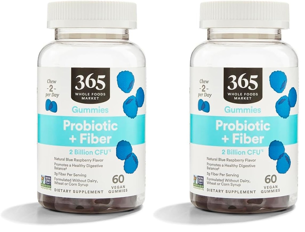 365 by Whole Foods Market, Gummies Probiotic Fiber 2 Bill Blue Raspberry, 60 Count (Pack of 2)
