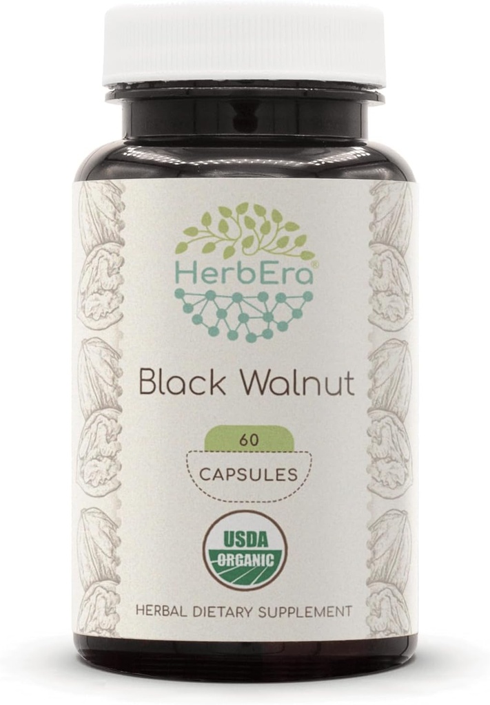 HerbEra Black Walnut USDA Organic 60 Capsules | Natural Herbal Supplement | Certified Organic Vegetarian Capsules och Organic Black Walnut (Juglans Nigra) Dried Hull (60 kapslar)