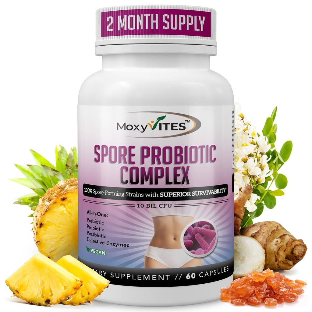 MoxyVites Spore Probiotic Complex - All In One Prebiotics and Probiotics for Digestive Health, Postbiotic, Digestive Enzymes Daily Supplement - Spore Based Probiotic for Women & Men