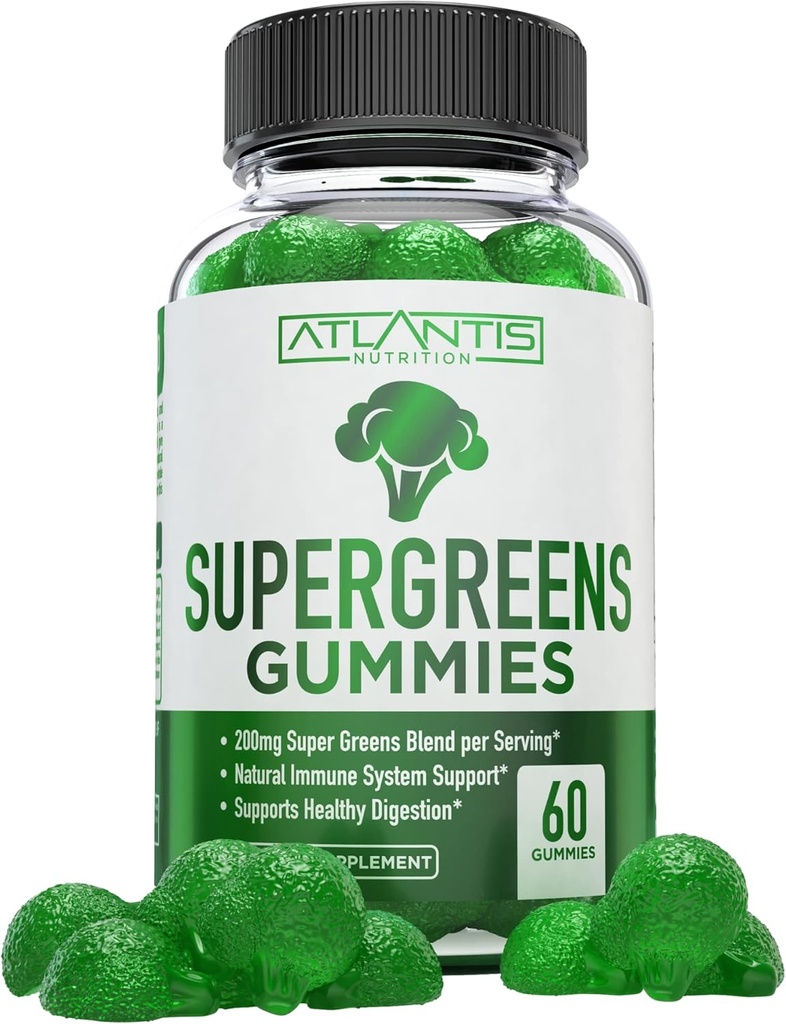 Atlantis Feed Supergreens Gummies - Spinach, Broccoli, Moringa, Beet Root, Celery, Green Çay və Immunity Support üçün Acai - Natural Raspberry Flavor, 60 cnt