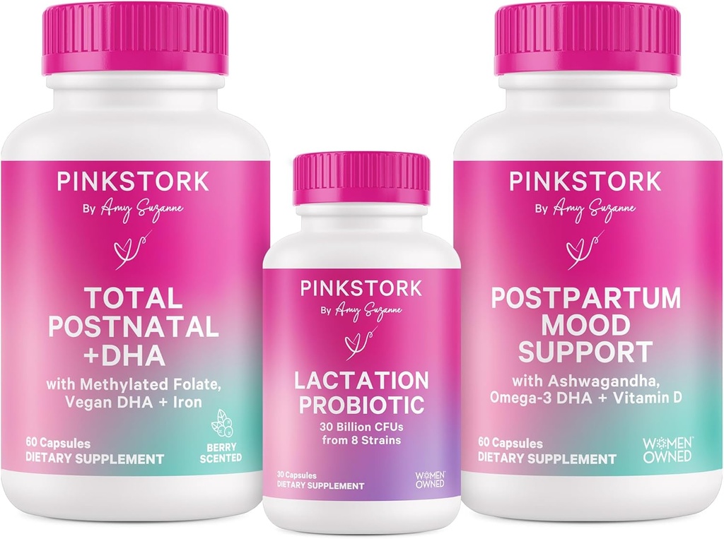 Pink Stork New Mam Necessities Bundle: postnatalinis vitaminas su DHA ir folio rūgštimi, Žindymas Probiotinis krūties pieno tiekimo + imuninę paramą, Postpartum Mood + Hormone parama, Postpartum Essentials