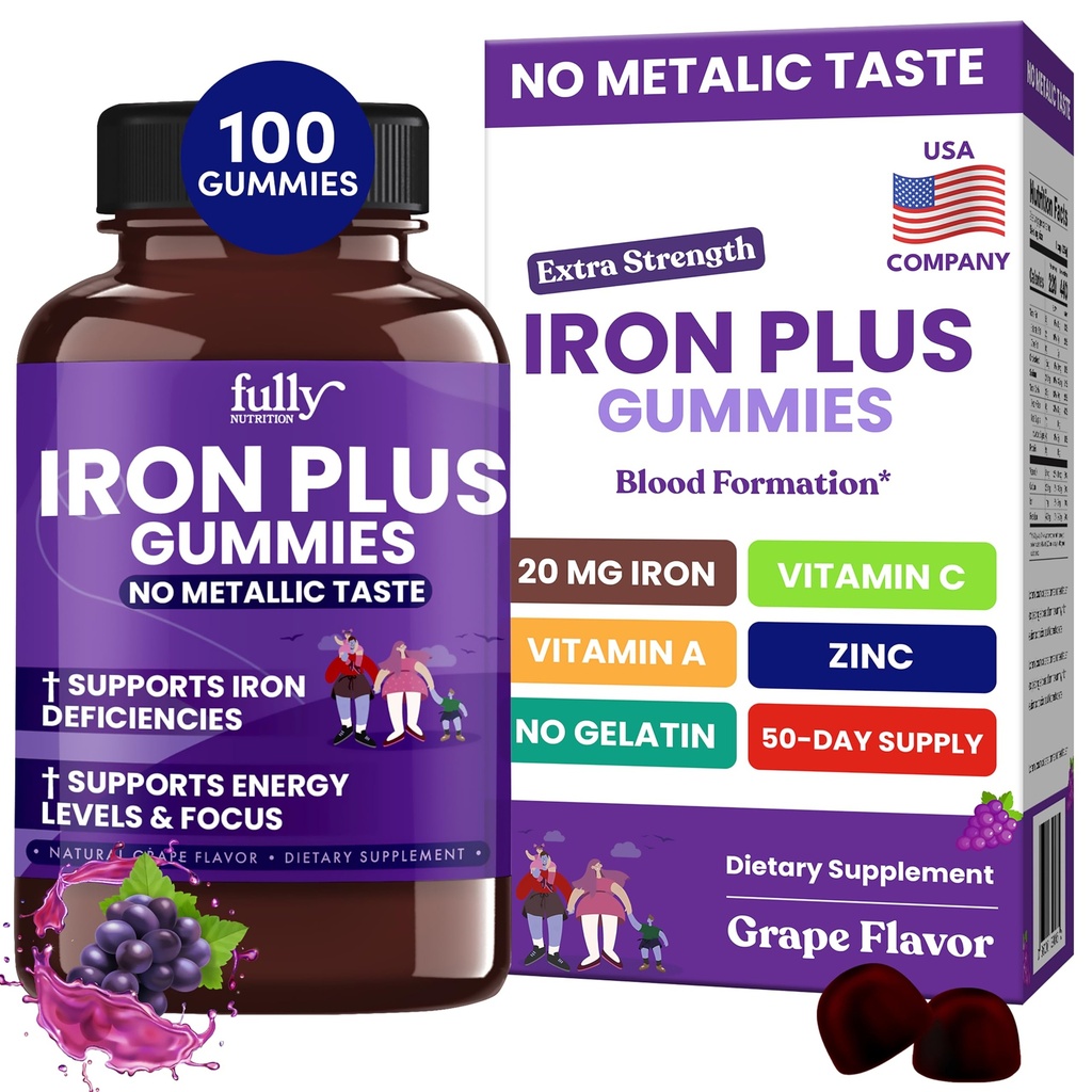 Iron Gummies Supplements for Women, Men and Kids – Health Blood & Energy Support for Iron Deficiency, Anemia, No After Taste- Fresh Grape Flavor- 100 Gummies (50 Days Supply)