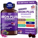 Iron Gummies Supplements for Women, Men and Kids – Health Blood & Energy Support for Iron Deficiency, Anemia, No After Taste- Fresh Grape Flavor- 100 Gummies (50 Days Supply)