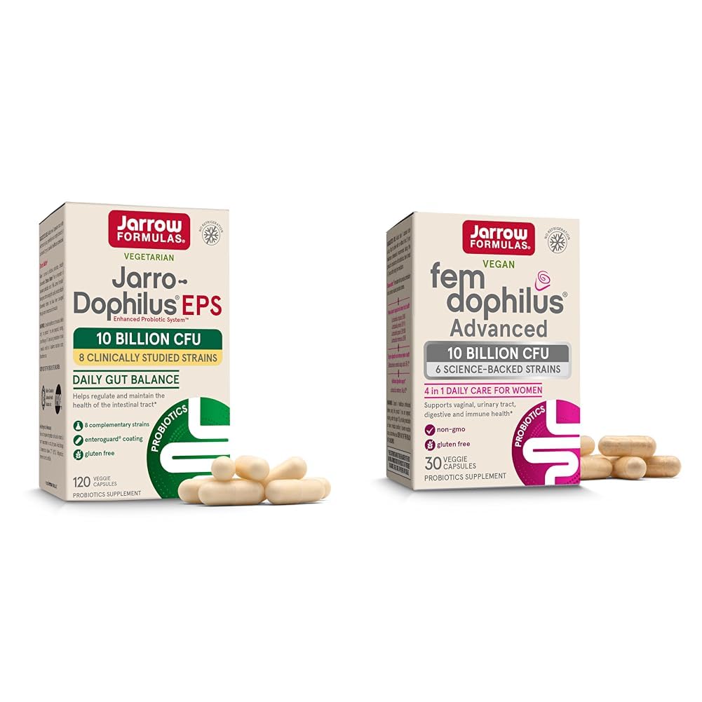 Jarrow Formulas Probiotics Bundle with Jarro-Dophilus EPS 10 Billion CFU 120 Caps and Fem-Dophilus Advanced 10 Billion CFU 30 Caps