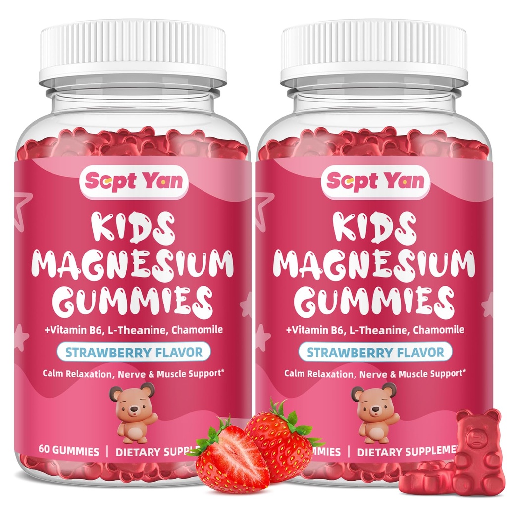 (2 Pack) Magnesium Gummies for Kids - Magnesium Citrate Supplement with Vitamin B6, L-theanine, Chamomile & Lemon Balm - Calm Magnesium for Kids & Adults Sleep, Relaxation - Strawberry,120 Gummies