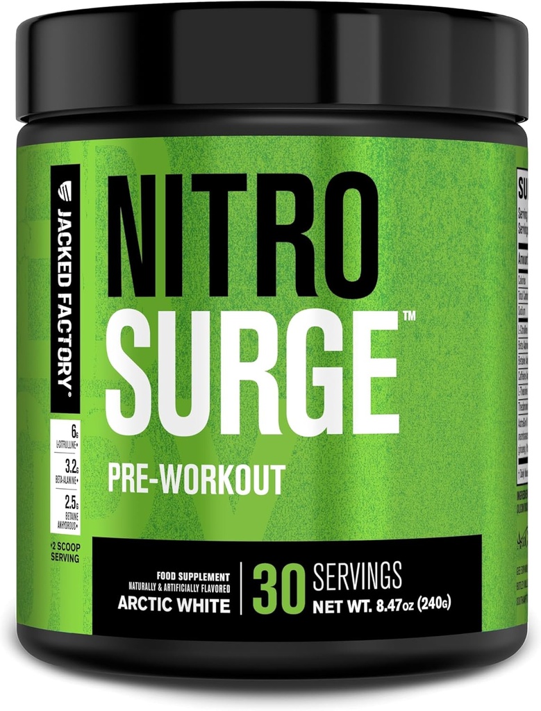 Jacked Factory NITROSURGE Pre Workout Addition - Begalė energija, Momentinio stiprumo laimėjimai, Skaidrus fokusas, Intensyvūs siurbliai - NO Reoster & Galingas prognozuoti energijos milteliai - 30 Paslaugos, Arktis Balta
