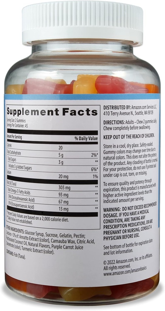Basics Fish Oil 303 mg, Lemon, Orange & Strawberry-Banana Flavors, 90 Gummies (2 per Serving), EPA ja DHA Omega-3 rasvahapot (Aiemmin Solimo) (Pack of 2)