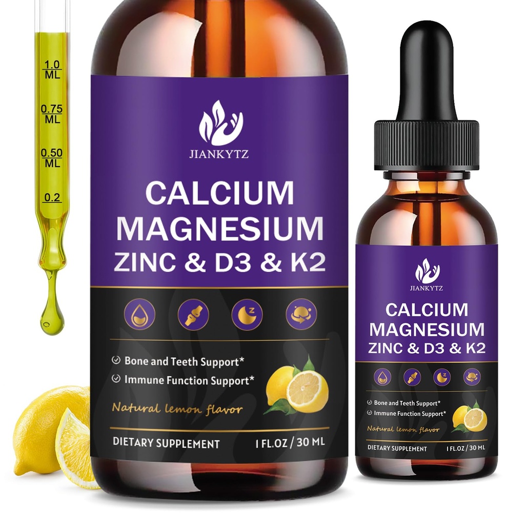 (2 Pack) Calcium Magnesium Zinc Liquid Drops for Women and Men - Bone & Teeth, Immune Support, Liquid Calcium Supplement with Magnesium Glycinate, Vitamin C D3 K2 B6, Lemon Flavor | Sugar Free