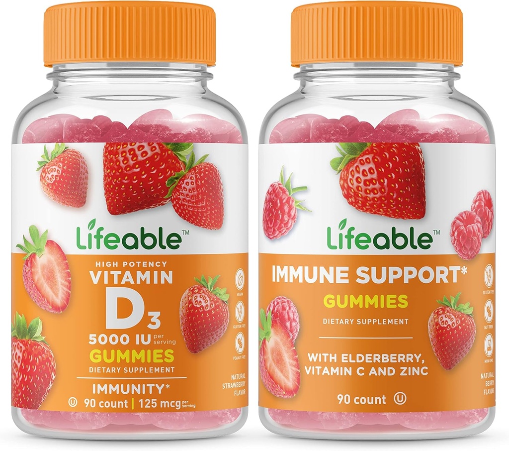 Živý vitamín D 5000 IU + Imunitní podpora, Gummies Bundle - Velký přípitek, dodatek k vitamínu, gluten zdarma, GMO zdarma, Žvýkací žlab