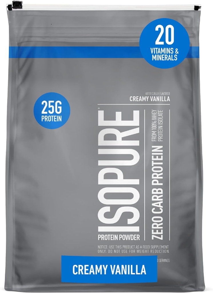 Isopure Zero Carb 100% Pure Whey Isolate Protein Powder, Lactose Free, Gluten Free, With Vitamins, Creamy Vanilla, 25g Protein Per Serving, 7,5 Lbs, 110 Servings (Packaging May Vary)