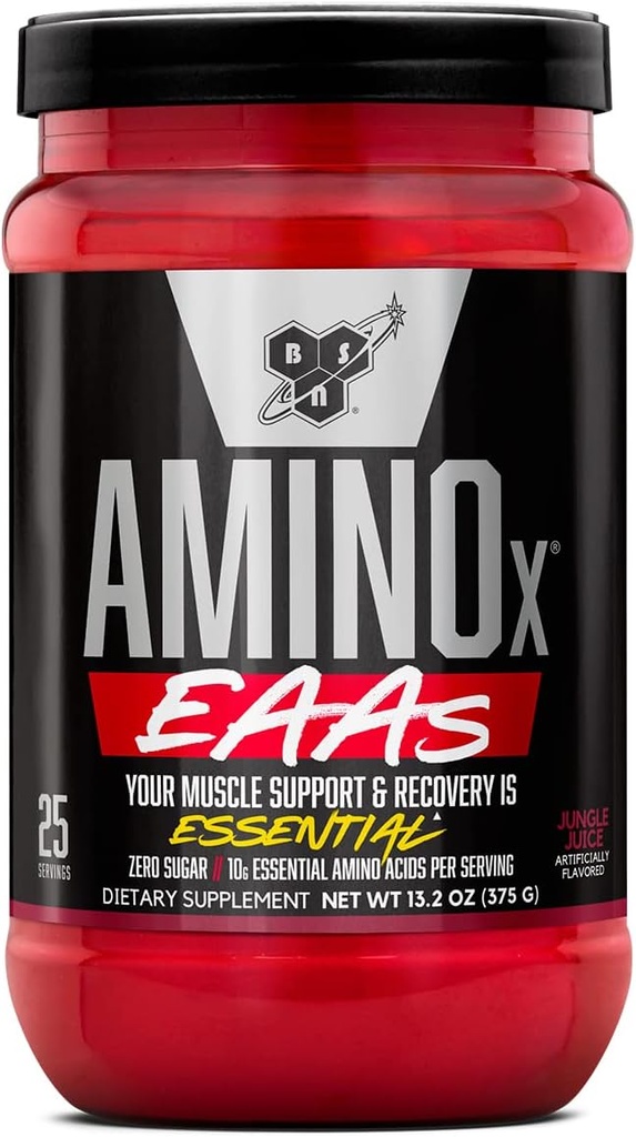 BSN Amino X EAA, Izomhelyreállítás és tartósság, 10g Essential Amino Acids, 5g BCAA, Zéró cukor, koffein mentes, Dzsungel Juice, 13.2oz, 25 szerváció