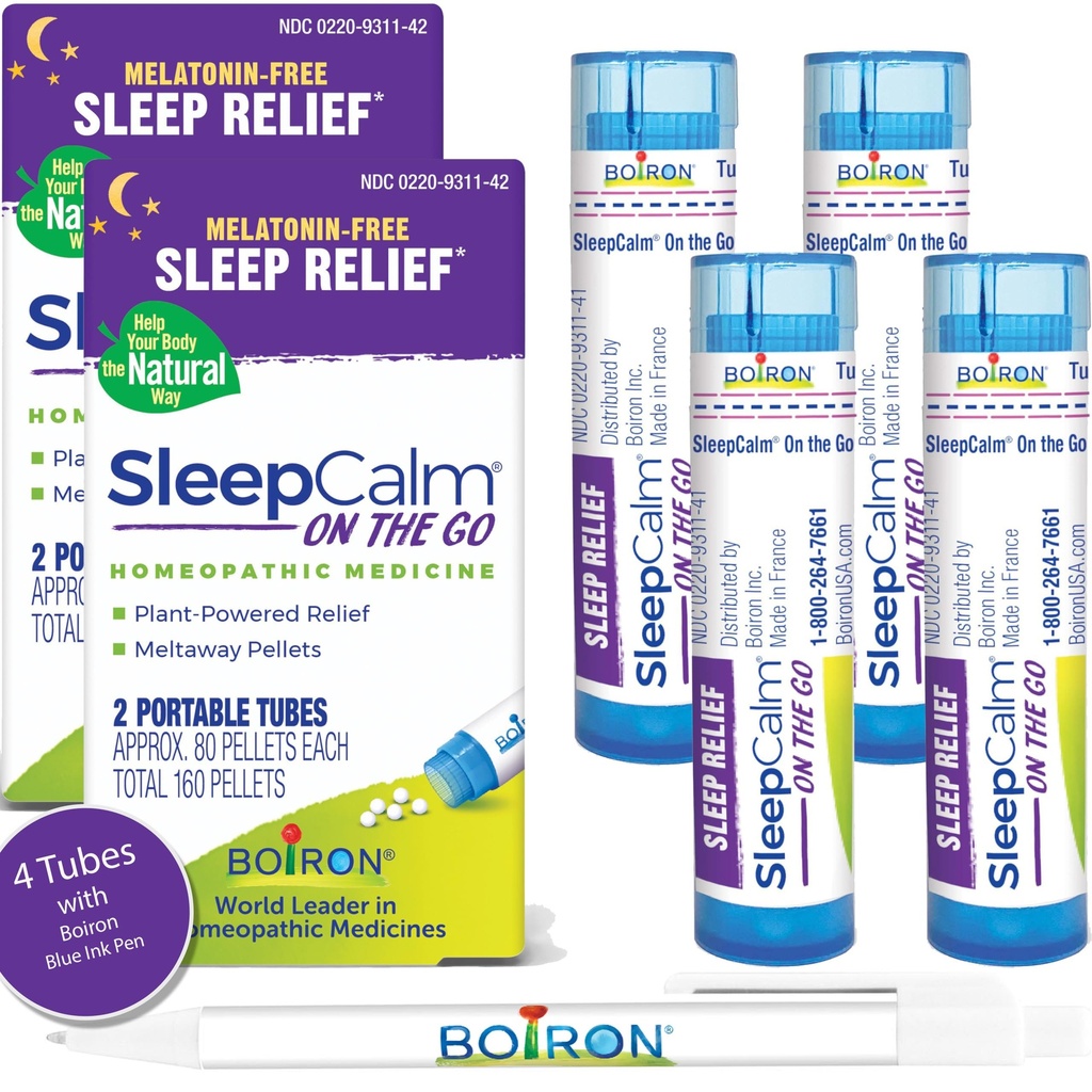 Boiron SleepCalm On The Go Sleep Aid for Deep, Relaxing, Restful Nighttime Sleep - Melatonin-Free and Non Habit-Forming - 80 Count per Tube - 4 Tubes Pen