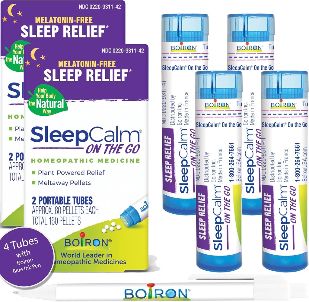 Boiron SleepCalm On the Go Sleep Aid for Deep, Relaxing, Relaxing Night Time Sleep - Melatonin-free in Non Habit-Forming - 80 Count per Tube - 4 Cevi z modrim peresnikom