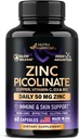 Zinc Picolinate 50mg - Zinc Supplement with Copper, Vitamin D3 & B12 - Stomach Friendly | Slow Release - Immune Support & Skin Health - High Absorption with BioPerine & Vitamin C - 60 Capsules