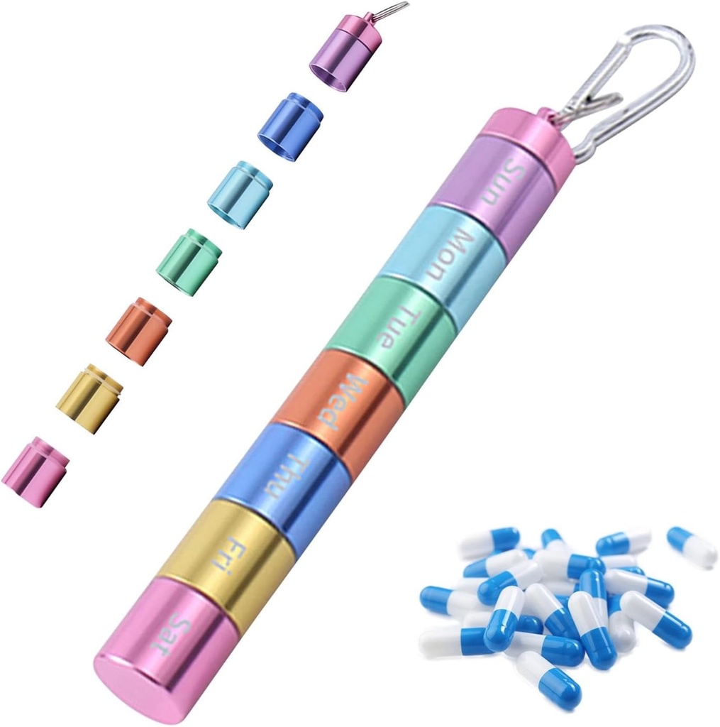 Pill Box Korraldaja, kaasaskantav iganädalane Pill Box, 7 päev 1 korda päevas Kompartments Tablet Korraldaja Box, Rainbow Metal Pill Holder Veekindel Pill Case Keychain jaoks Outdoor Travel Camping töö