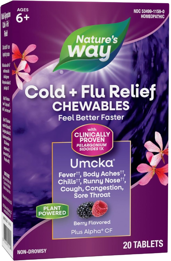 Naravne poti Cold+Flu Relief, Umcka, skrajša trajanje in zmanjša resnost, Multi-Simptom Relief, homeopatski, Phylephrine Free, Ne-Drowsy, Berry aromated, 20 Žvečljive tablete (Packaging May Vary)