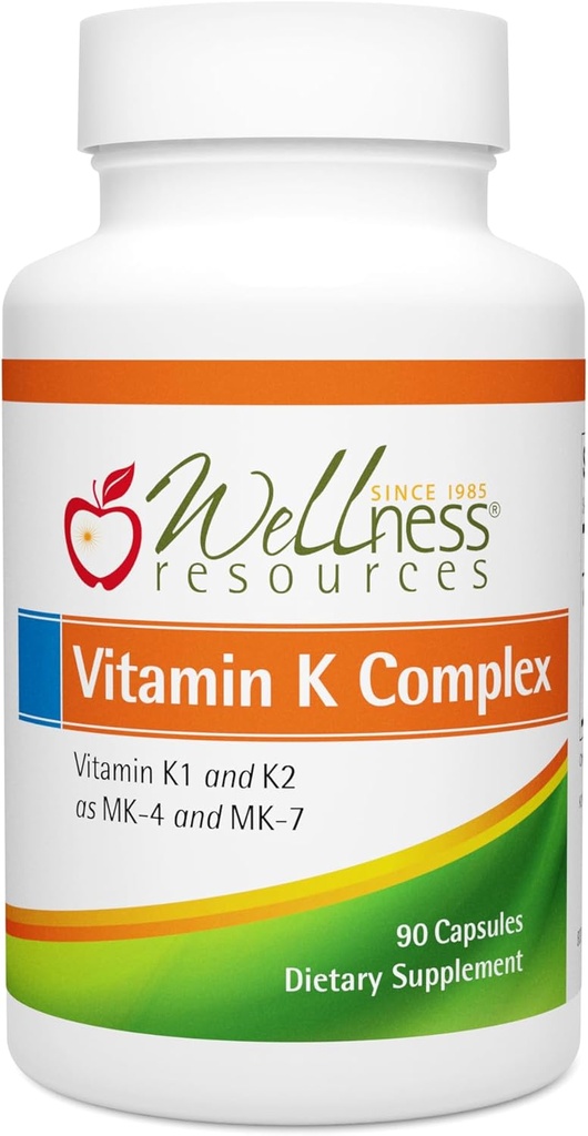 Hyvinvointiresurssit K-vitamiini Complex Supplement - 600 mikrog K2-vitamiinia (MK-4:nä ja Trans MK-7:nä) ja 1000 mikrog K1- Bone Strength ja Heart Health - K2-vitamiinia täydentää - 90 kapselia ei-GMO