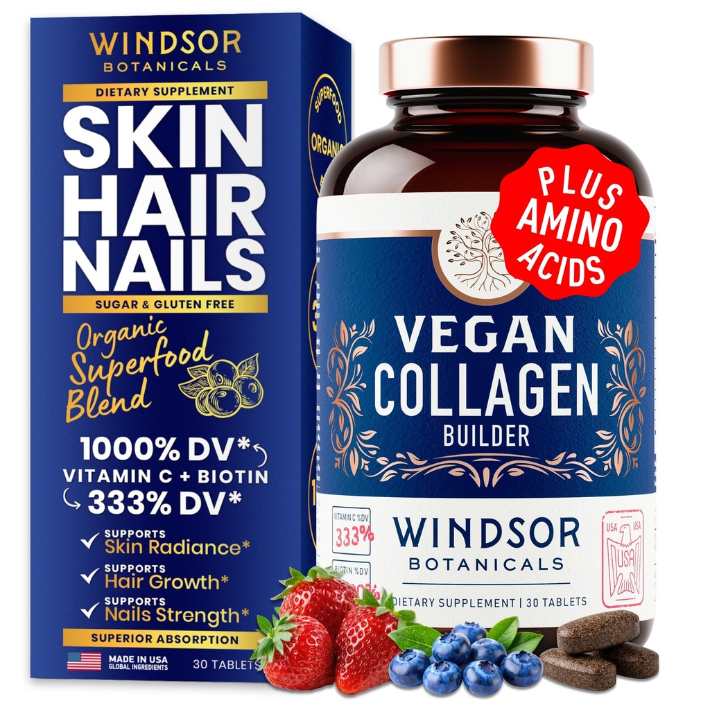 Vegan Collagen for Women and Men Supplements - Vitamin C, Biotin, Amino Acids Glycine, Lysine, Proline, Organic Fruit & Vegetable Powder - Once A Day - 30 Plant Based Collagen Boost Tablets