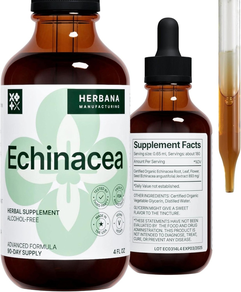 Echinacea 4 fl oz Liquid Extract - Root Organik, Leaf, Bunga - Natural Herbal Suplement - Tubuh, Sistem Imune Dukungan Tincture - Tinggi Potency Drops - 90- Day Suppply - Family