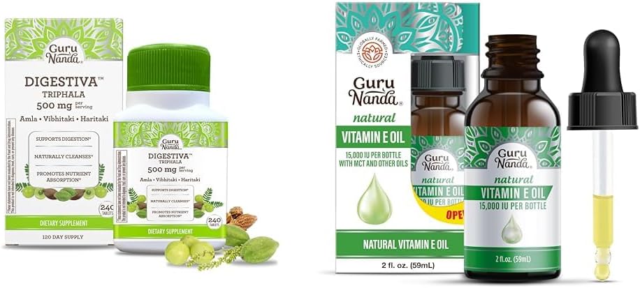 GuruNanda Digestiva Triphala (240 Tabletten) & Vitamin E Oil (2 Fl Oz) - Unterstützt Verdauung, Hilft mit Bloating & Constipation, Nahrungsergänzung mit Amla, Haritaki & Bibhitaki