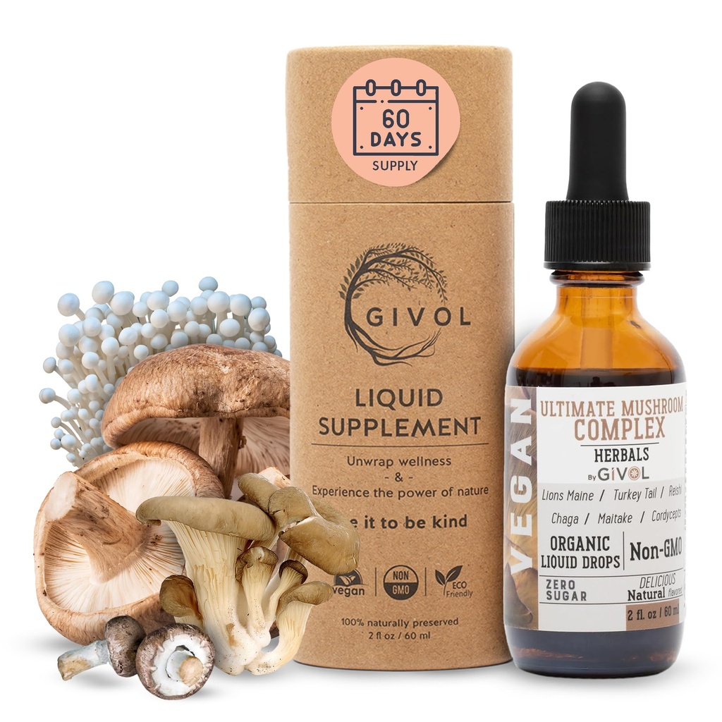 Mushroom Complex Liquid Drops: Dynamic Herbal Blend for Enhanced Performance & Energy, Fresh Lion's Mane, Reishi, Chaga Extracts, Vitamins, 2 Fl Oz (60 ml) - 60 Days Supply