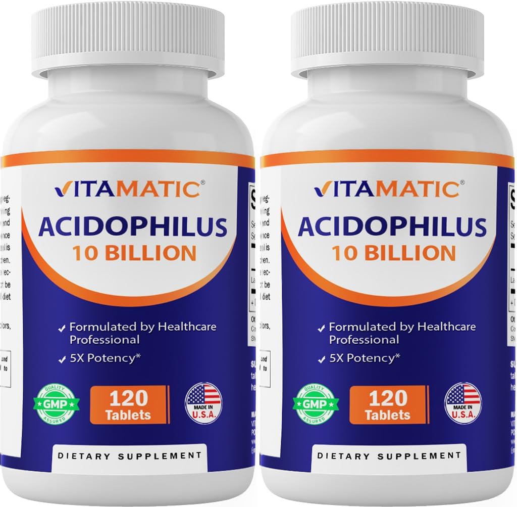 Vitamatic 2 Packs Acidophilus Probiotic - 10 Billion CFU - 120 Tablets - 5X Potency - Daily Probiotic Supplement, Supports Digestive Health (Total 240 Tablets)