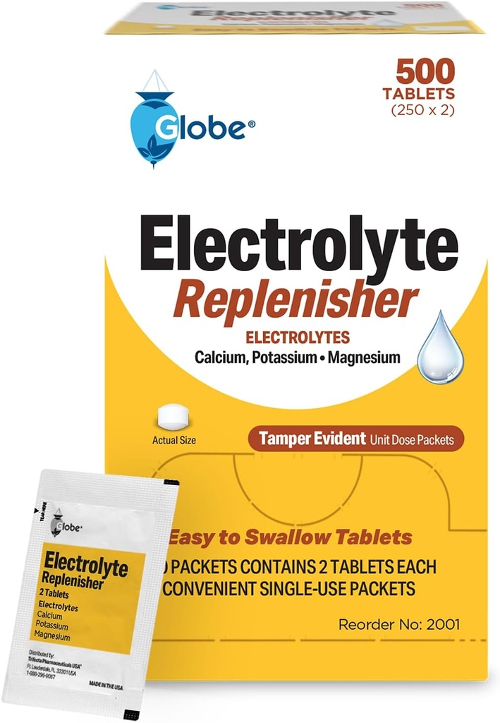 Globe Electrolyte Replacement Tablety pre rýchlu hydratáciu a zotavenie cvičenie (500 tabliet, 250 paketov z 2) pre športovcov, pešiu turistiku a športy, cestovné pakety s kľúčovými živinami pre optimálnu vytrvalosť