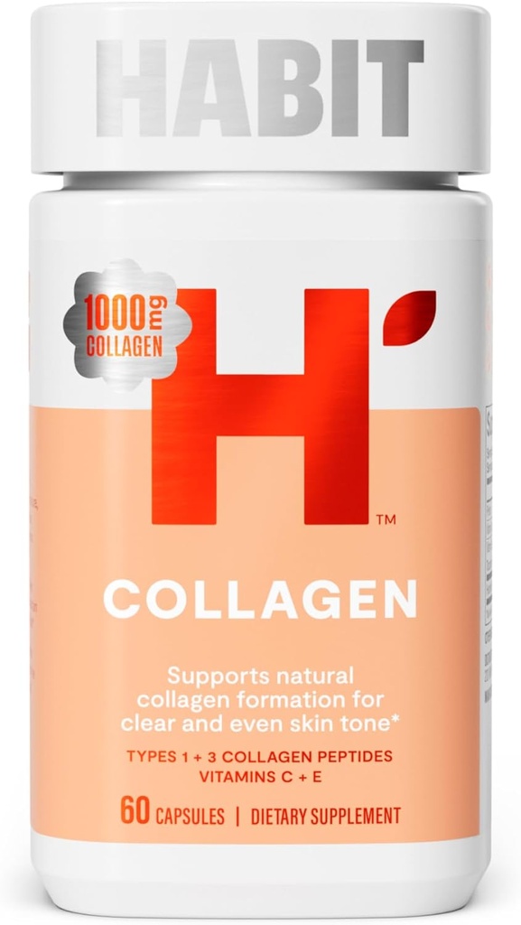 Suplement Habit Collagen (60 kapsułek) - Nowy wygląd, 2000mg Kolagen Peptydy, Witamina C & Witamina E, Zdrowie skóry, Przeciwutleniacze, Non-GMO, Gluten Free (1 opakowanie)