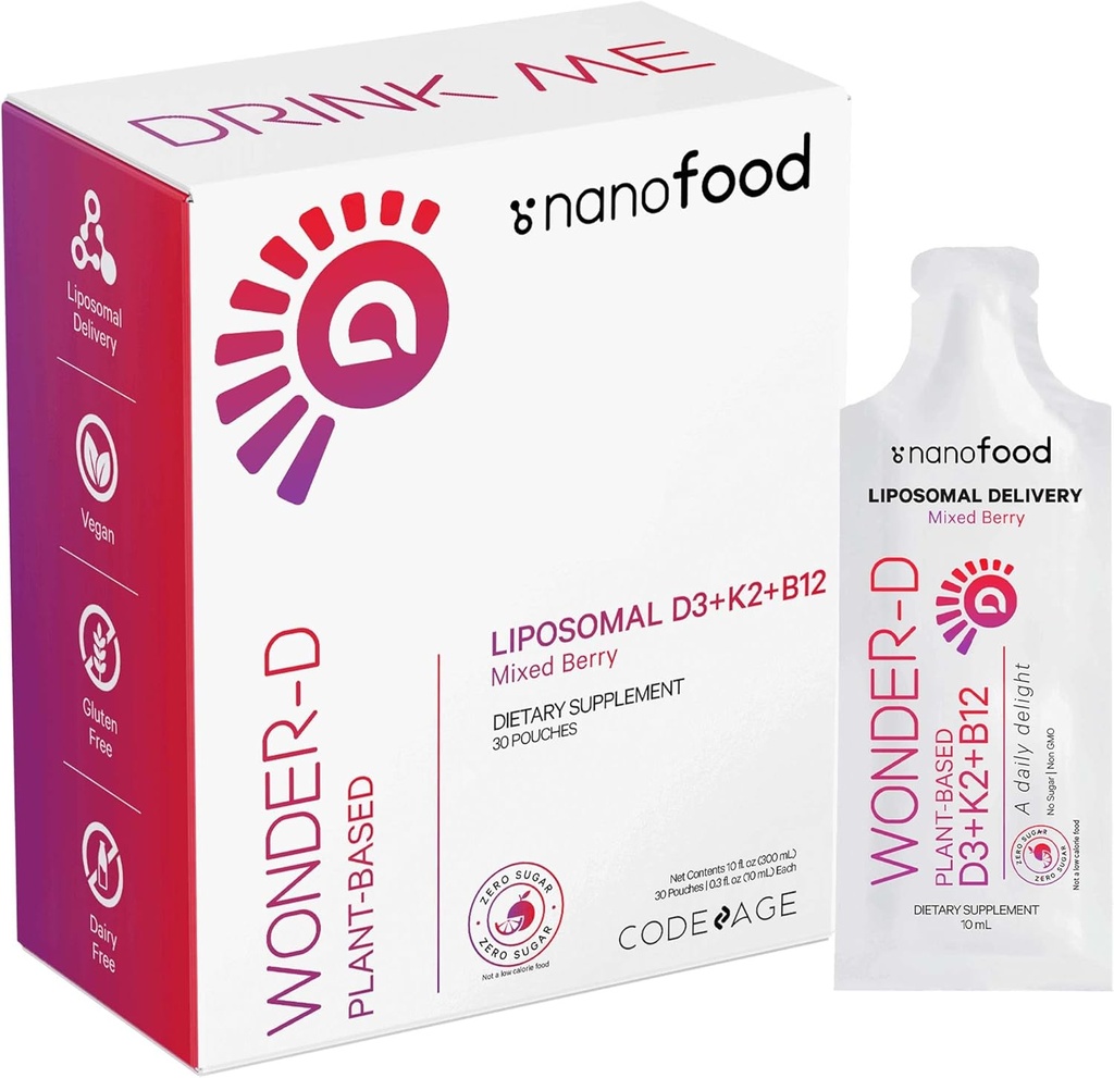 Codeage Liposomal Vitamina D3 Suplemento Líquido Sachet, Wonder-D Cholecalciferol Vegan Liquid Multivitamin, Vitaminas baseadas em plantas K2 B12, Fosfolipídios não-GMO, Vitamina E, Flavor de Berry - 30 Pouches