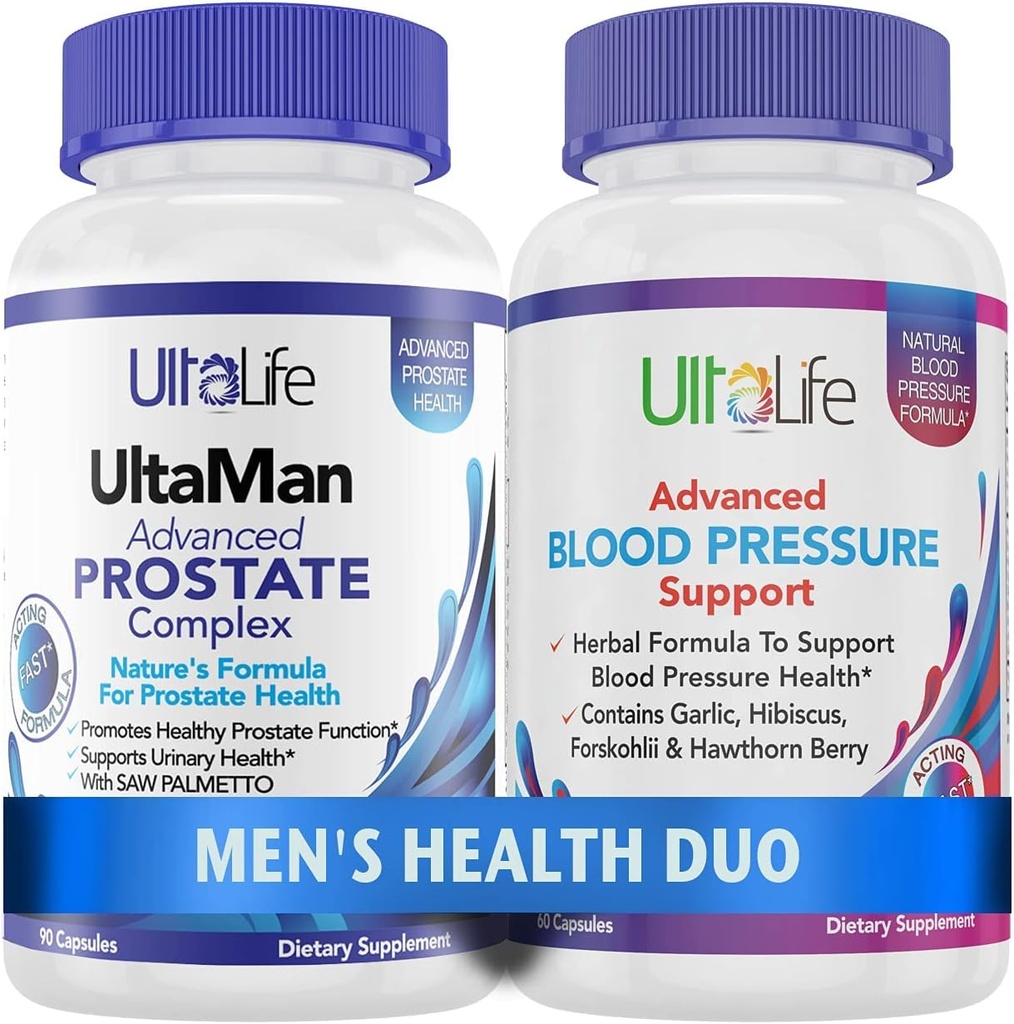ULTALIFE Men 's Health Duo - 2 Lahve - Jeden Prostate Support Complex se Saw Palmetto & Beta Sitosterol & Jeden vysoký krevní tlak dodatek s česnekem & Hawthorn Berry Fast- působící kapsle pro muže