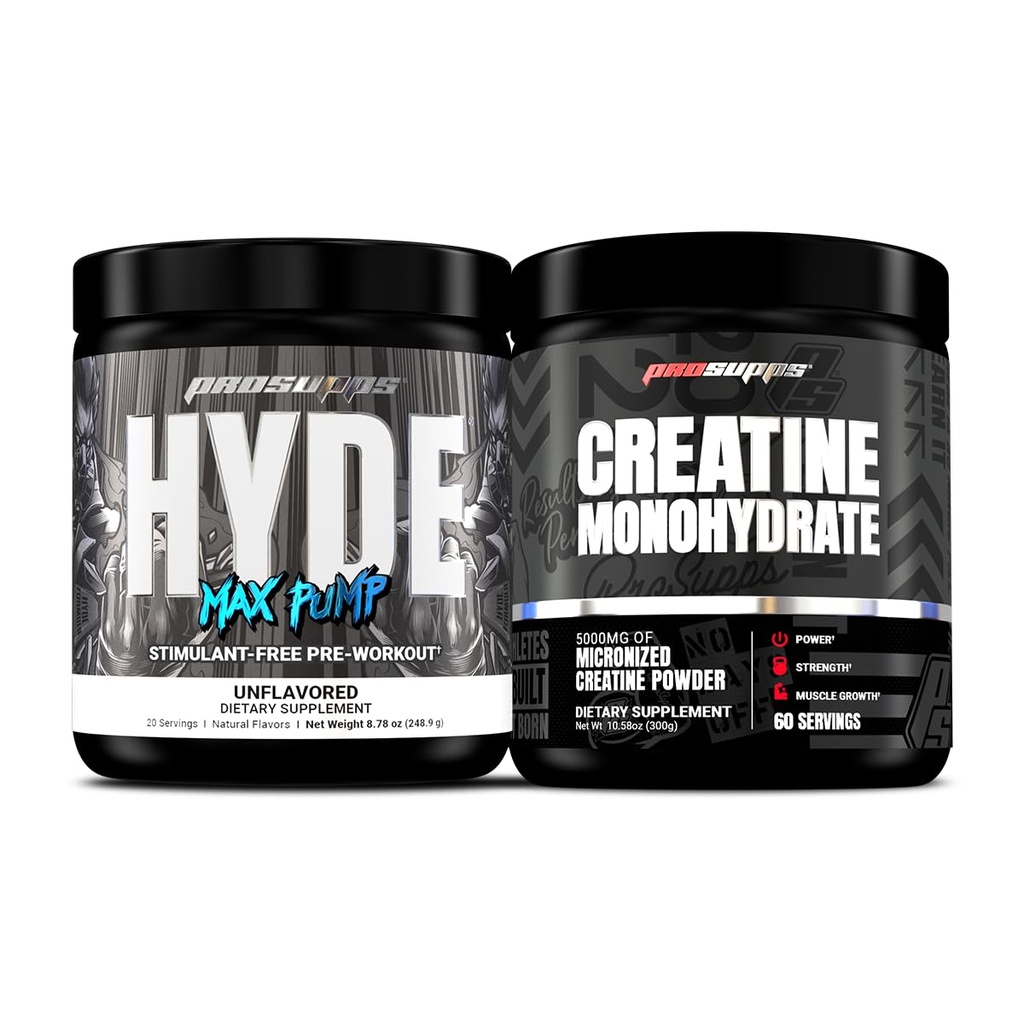 PROSUPPS Hyde Max Pump Stimulant-Free Pre-Workout, Unflavored and Creatine 300 Bundle