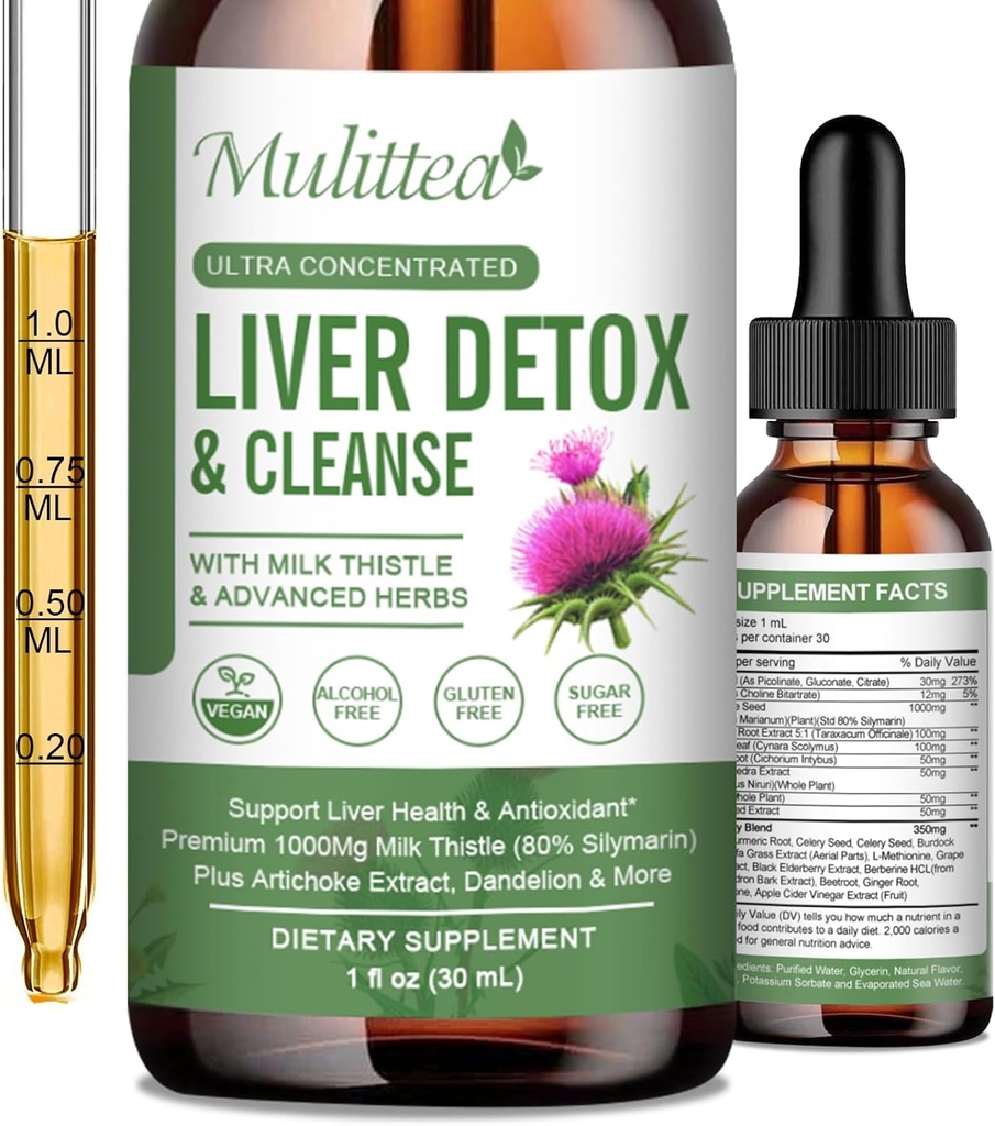 Lever Gezondheid Liquid Drops - Ondersteuning Lever Reiniging Detox & Reparatie met Artichoke Milk Thistle Silymarin Extract, Dandelion,Turmeric, Berberine te Vernieuwen w/21 Krachtige Herb-nutriënten-
