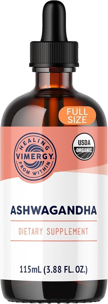 Vimergy USDA Organic Ashwagandha Liquid Extract, 57 Serving – Stress dodatek kapljice – Adaptogen - Podpira Kognitivne funkcije – Podpora za spanje – Alkohol-free, Non-GMO, Vegan & Paleo prijazno (115 ml)