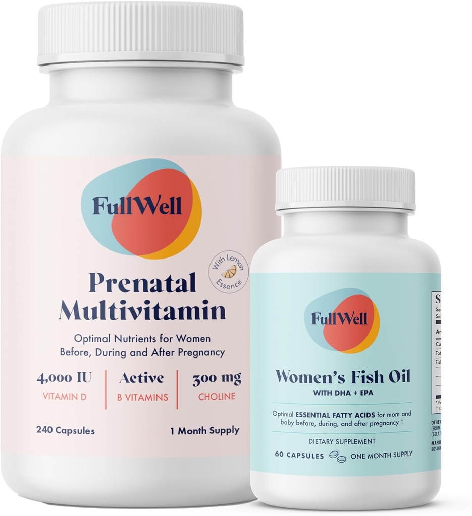 FullWell Prenatal Vitamin Lemon + DHA | Omega 3 Fish Oil with DHA & EPA for Brain Development & Nervous System Support | 26+ Vital Nutrients | Dietitian-formulated, 3rd Party Tested, 30 Servings