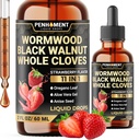 11in1 Wormwood Liquid Drops - Black Walnut Wormwood Liquid Extract med Whole Cloves, Reishi, Peppermint, Oregano, Aloe Vera, Anise Seed - 2 FL OZ - 60 Days Supply - Strawberry Flavor