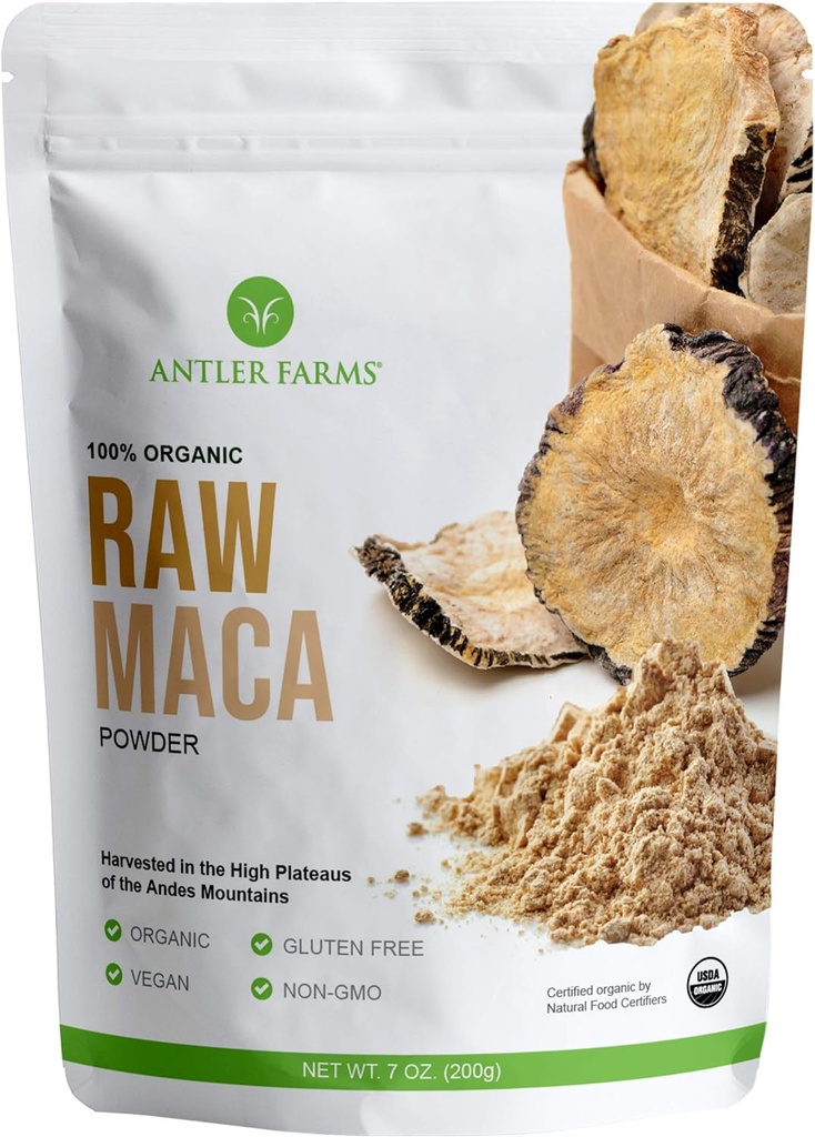 Antiļu fermas - 100% Pure Organic Raw Maca Powder, 40 Servējumi, 200g - Vegan, bez glutēna, Saule Žāvēti, Auksti apstrādāti, audzēti ārā centrālajā Andu Peru, Sertificēts USDA Organic