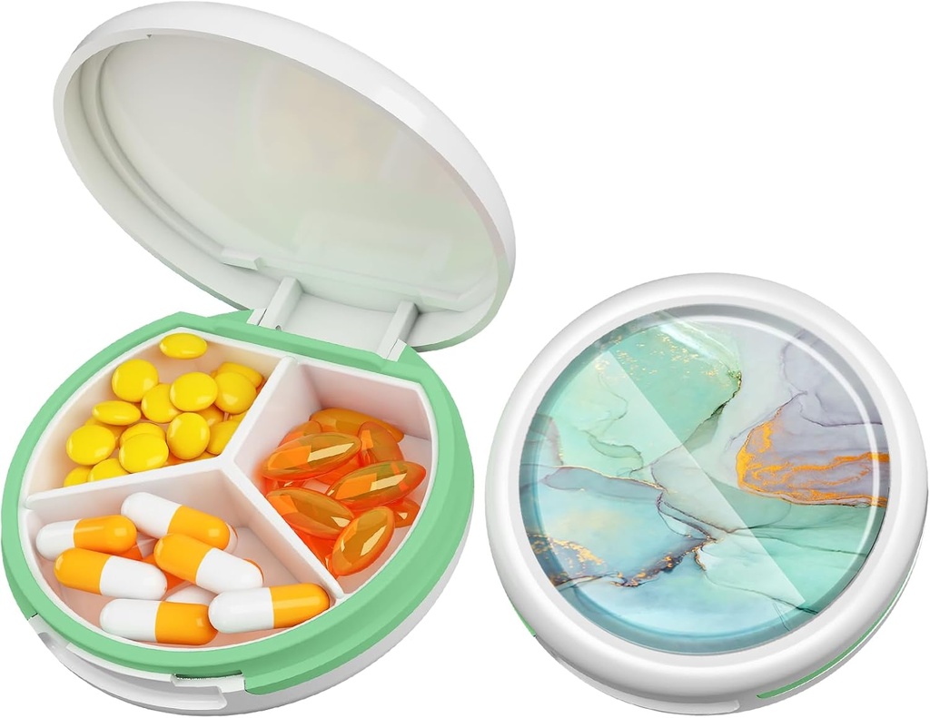 Serfeymi Petite Pill Box - 3 compartiments Portable Pill Box pour la poche de Purse, Compact Mini Travel Pill Case - Convient pour la médecine, la vitamine, l'huile de poisson, suppléments - blanc(Marble)