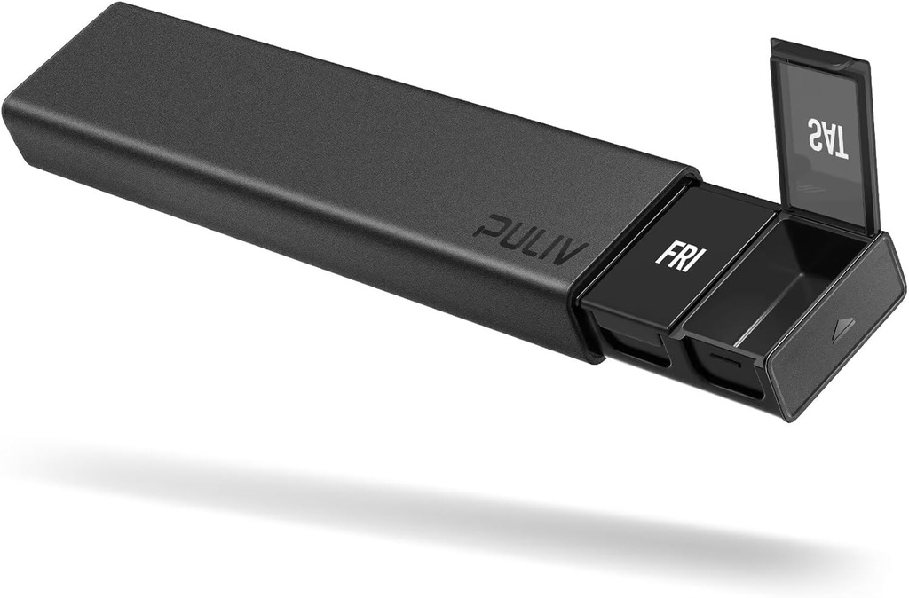 PULIV Dual Black Lightly Pill Organizer Semanalmente, Extra grande caixa de pílulas de viagem 7 Dia com projeto de proteção de privacidade, BPA-livre de casos diários de pílulas para vitaminas, óleo de peixe, medicamentos, suplementos
